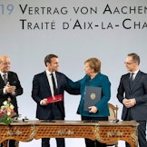 German Chancellor Angela Merkel and French President Emmanuel Macron during the signing ceremony of the Aachen Treaty.