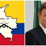 To the left: the FARC flag. To the right: President of Colombia and Nobel Peace Prize winner 2016, Juan Manuel Santos. Credit: Public domain (left) and Agência Brasil (right) CC 3.0.